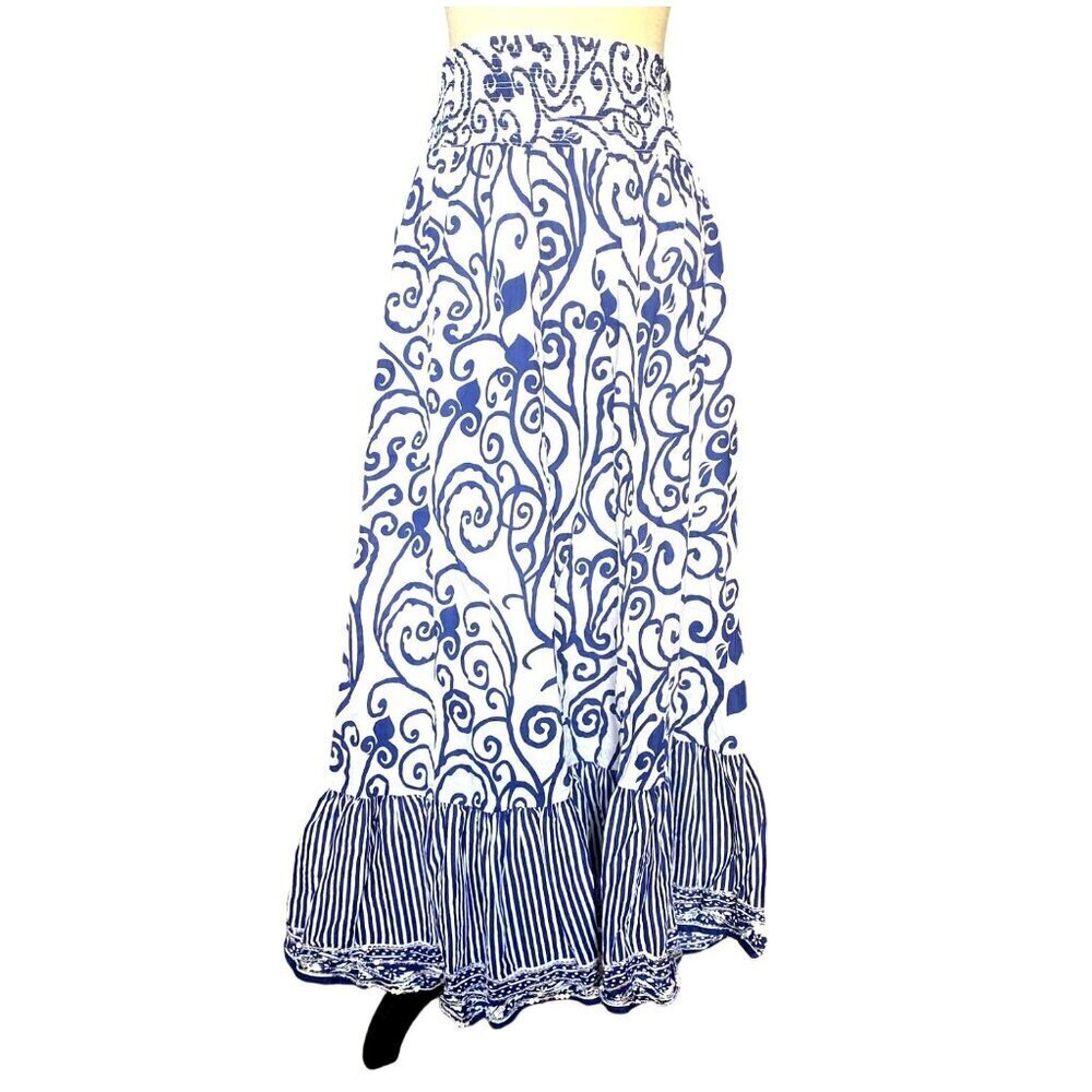 Women's Kalamkari Floral Blue White Striped Shirred Maxi Skirt, Size 14/16, Embe - Picture 2 of 10